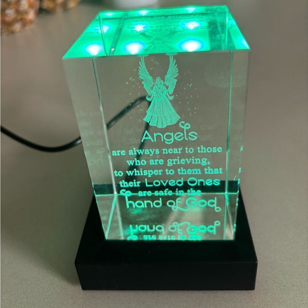 Angel 3D Laser Etched Hologram in Crystal Block with Light Box